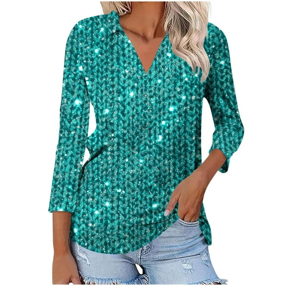 TKLPEHG Womens 3/4 Sleeve Tops V-Neck Tunic Tops Glitter Print Graphic Tee Summer Comfy Fashion 3/4 Sleeve T Shirts Casual Loose Outfits (Blue,S)
