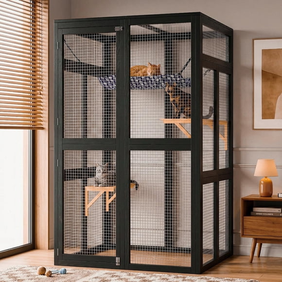 Jaula Exterior para Gatos – Catio de Madera – Techo Impermeable – 2 Plataformas y Hamaca – Ventana Entrable – Múltiples Gatos – Patio, Jardín, Balcón o Interior