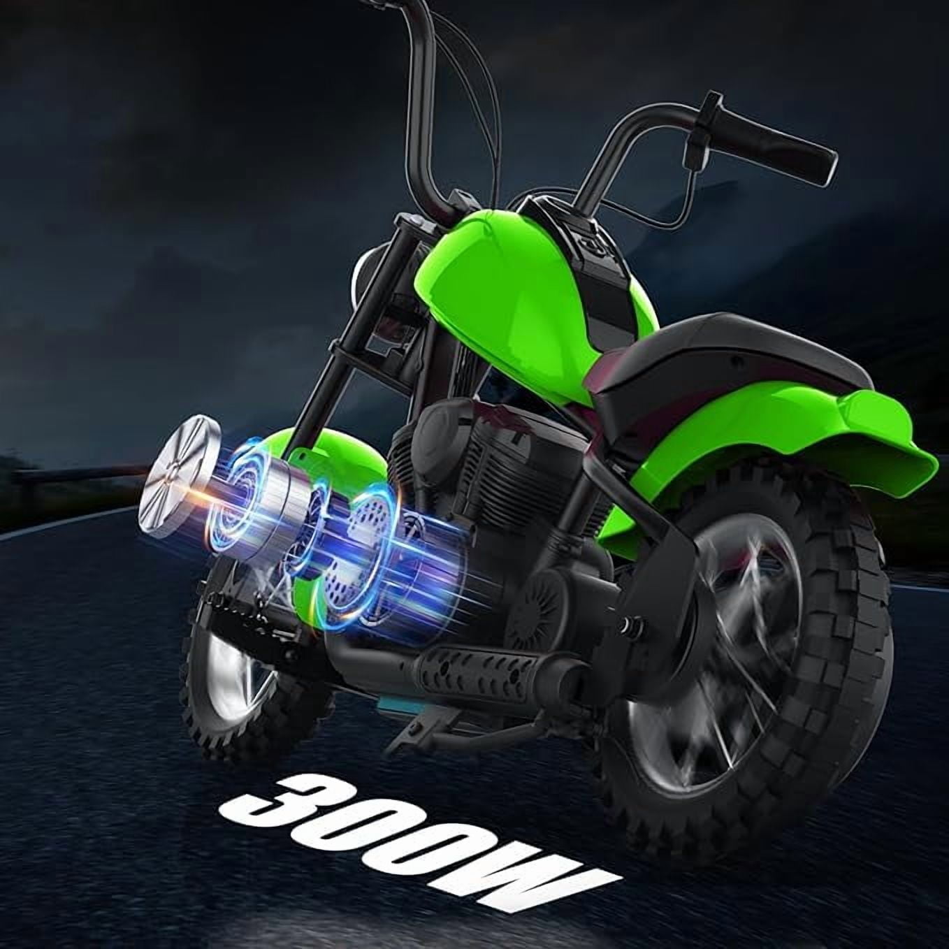 Electric Motorcycle for Kids, 24V 250W Dirt Bike, Two Speed Max Up to 14MPH & 60 Minutes Continuous, with Led Lights, Leather Seat, Rear Brake, Electric Motorbike for Kids/Teens, Green