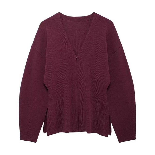 TRAF-suéter tipo cárdigan de punto ajustado con gancho frontal para mujer, cuello en V, mangas largas, dobladillo dividido lateral, ropa de abrigo femenina, Tops elegantes, moda