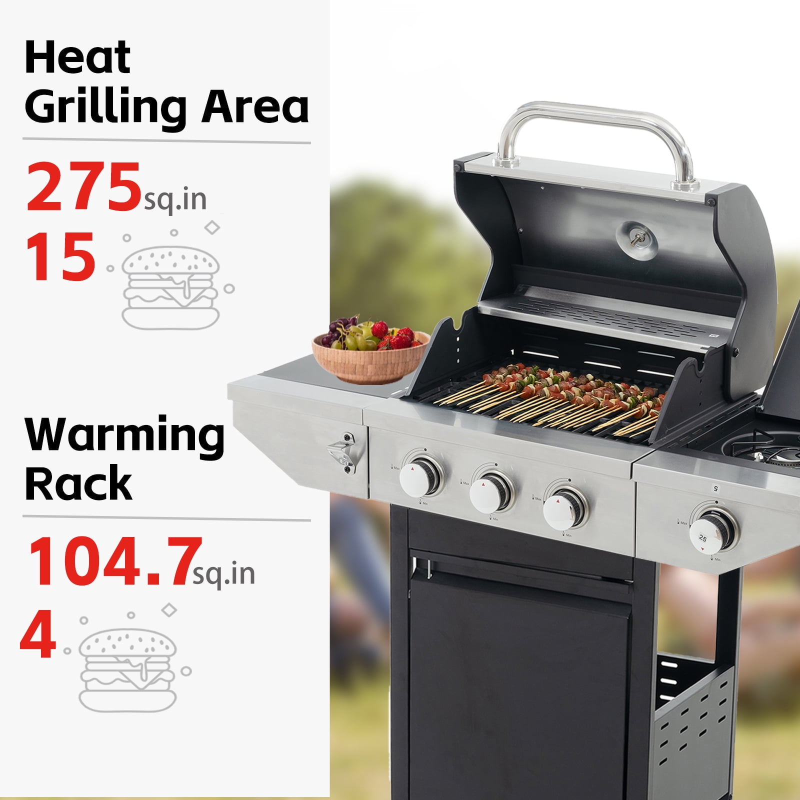 MEWANG 3 Burner Propane Gas Grill with Side Burner,Stainless Steel Gas Grill for Outdoor BBQ,Camping