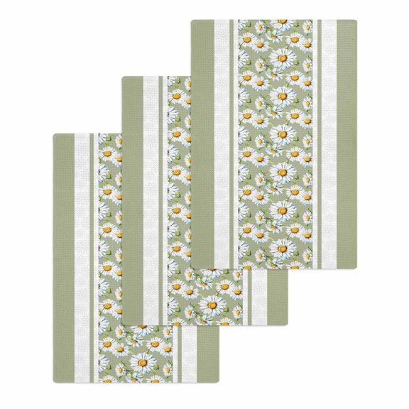 Sage Green Daisy Kitchen Dish Towels for Drying Dishes Set of 3, Farmhouse Floral Green Striped Waffle Weave Microfiber Hand Tea Bathroom Towels Quick Dry & Absorbent Towel 15.7x23.6