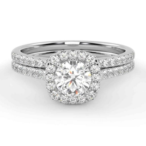 AFFY Halo Solitaire Bridal Ring Set, 1.10 Cttw Lab Grown Diamond Engagement Wedding Rings for Women 14K White Gold Over 925 Sterling Silver F-G-H, SI Quality Ring Size-4