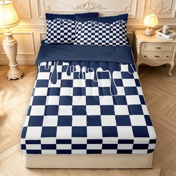Manfei Checkered Art Zipper Twin Comforter Sets with Fitted Sheet and 2 Pillowcases,Geometric Plaid Zipper Bedding Set,Navy White,Navy Blue Reversible,4pcs