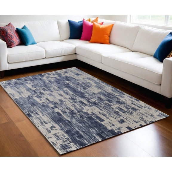 HomeRoots 566939 5 x 8 ft. Abstract Hand Woven Worn Faded Rectangle Area Rug, Blue & Ivory