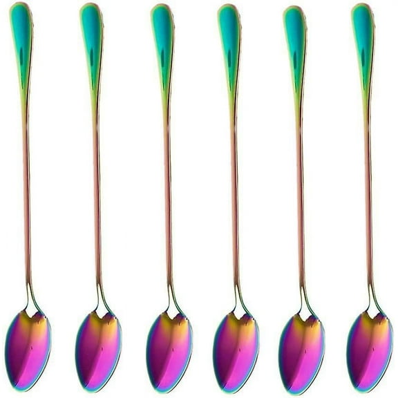 Coffee Teaspoons, Rainbow Color Coffee Spoon Long-Handle Ice Cream Desert Spoon Cocktail Stir Spoons Mixing Spoon, Pointed Head(Rainbow)6Pcs)