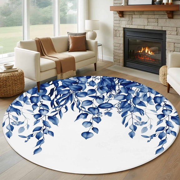 Round Area Rug 5 Ft, Blue Eucalyptus Washable Non-Slip Circle Carpet for Living Room/Bedroom, Weeping Botanical Watercolor Low-Profile Runner Mats Collection Rugs for Indoor