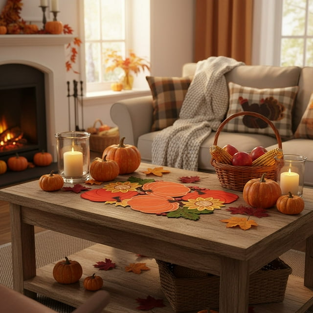 Aodebiao Chemin de Table Brodé Citrouille Décoration d'Automne Centre de Table de l'Action de Grâce Polyester Lavable Réutilisable Décoration de Maison de Vacances