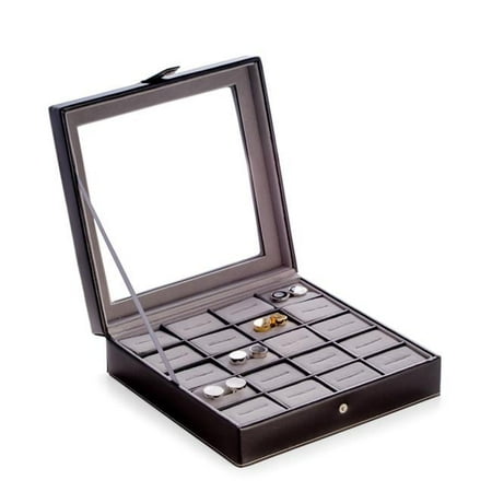 Bey-Berk International BB579BLK Black Leather 20 Cufflink Box with Glass Top & Snap Closure
