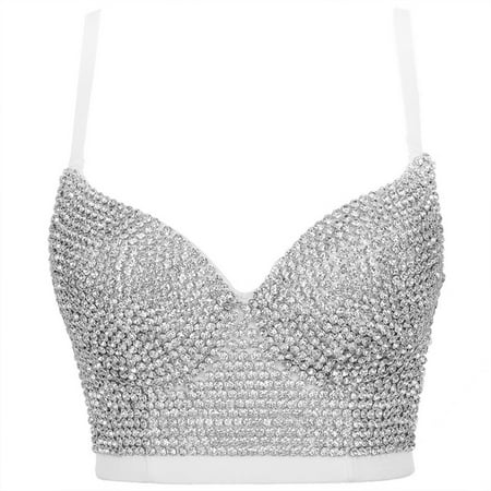 Women Glitter Diamond Rhinestone Push Up Bra Bustier Underwire Padded Spaghetti Strap Camisole Sexy Punk Corset Crop Top