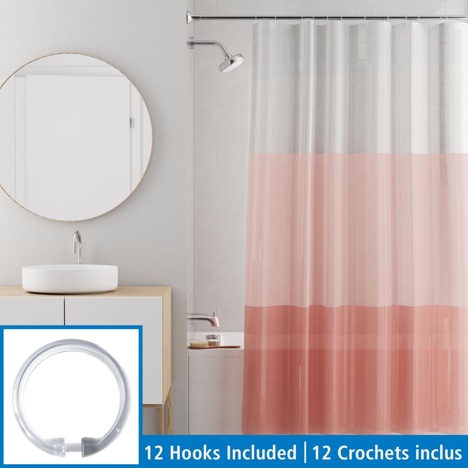 Mainstays 13-Piece Shower Curtain Set with Waterproof PEVA Curtain and 12 Hooks