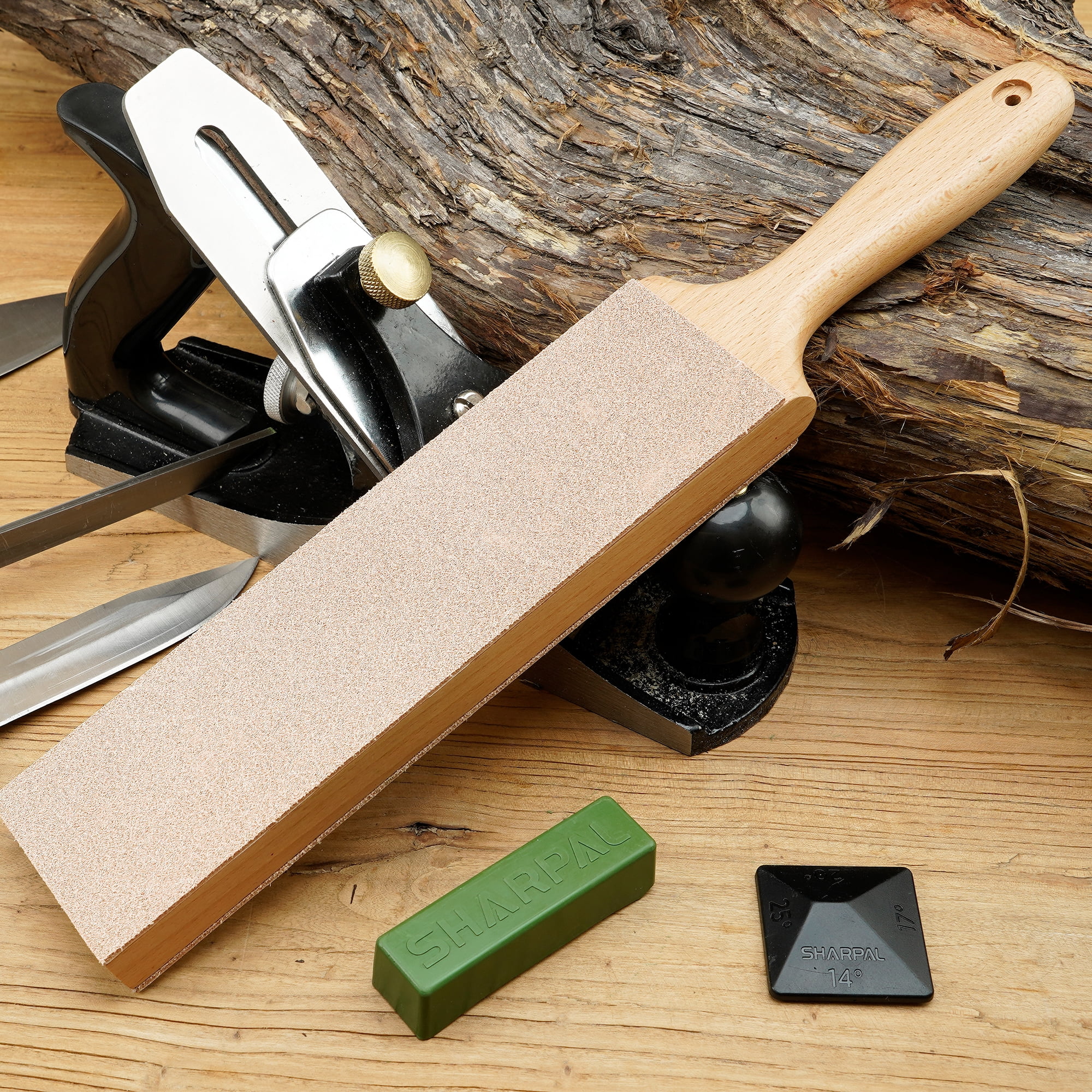 Sharpal Double-Sided Leather Strop Kit with Polishing Compound & Angle Guide for Sharpening Knives & Chisels