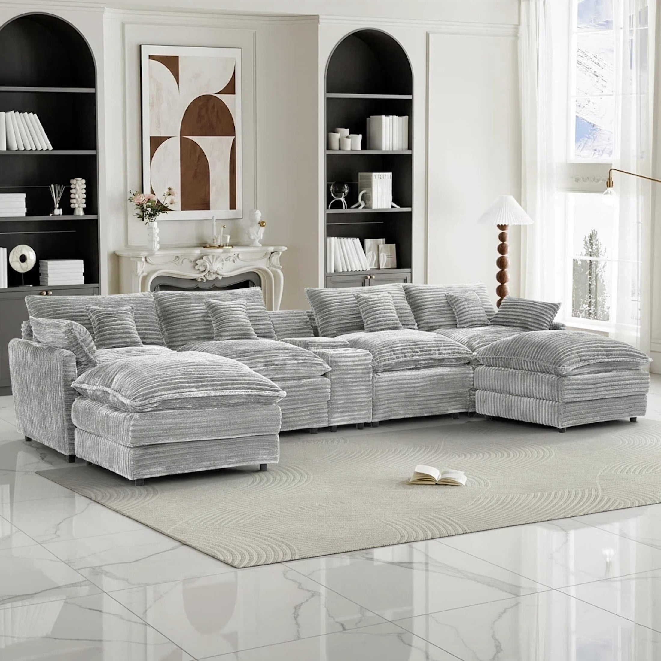 Vinform 145" U Shaped Cloud Couch Sectional with USB Charging, Hidden Storage, Cup Holders & Double Chaise, Light Grey
