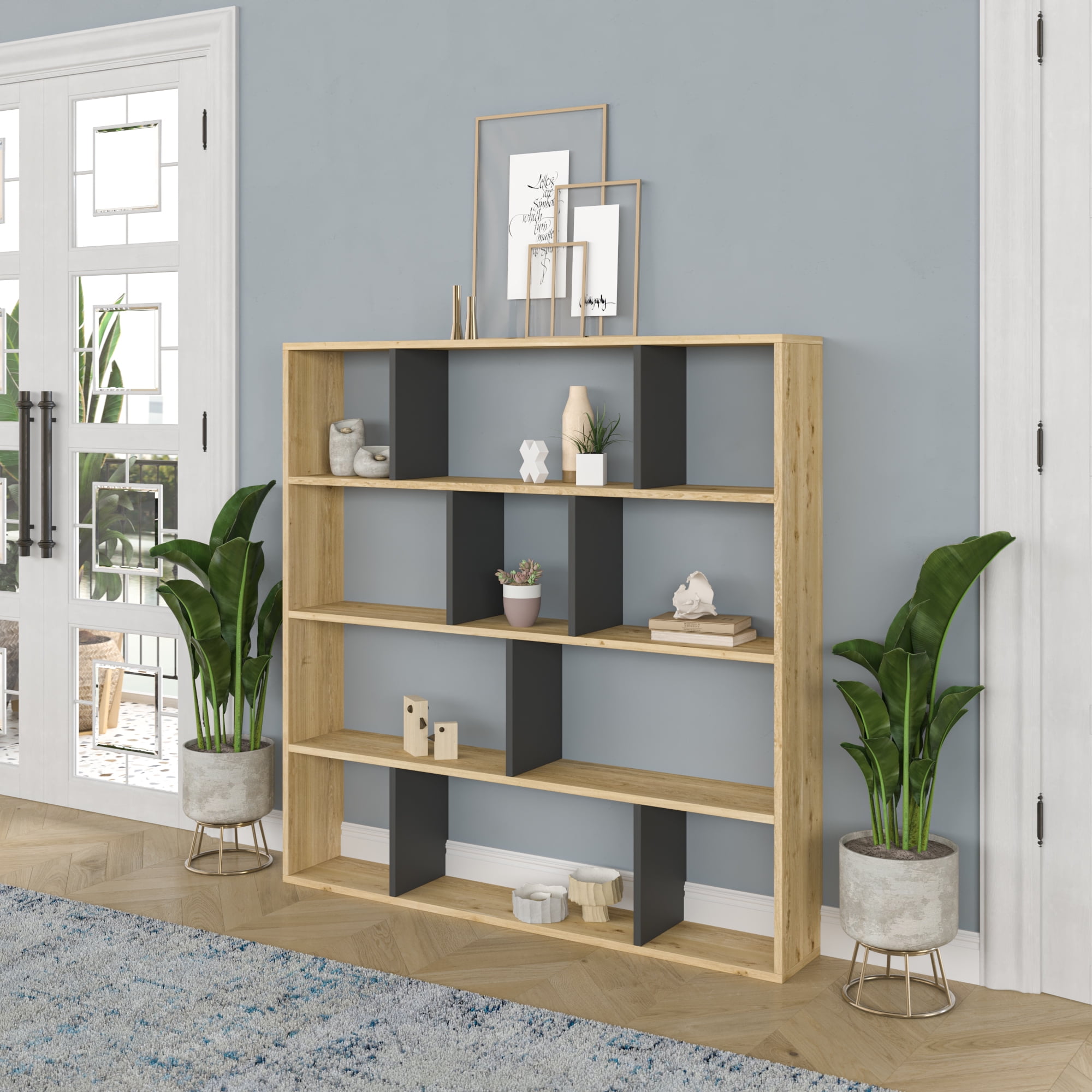 Ada Home Decor Hobdi 4 Tier Open Shelf Cube Modern Bookcase, Oak/Anthracite