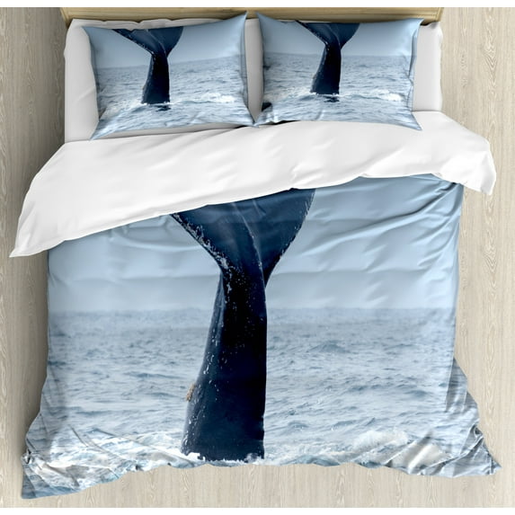 Ecuador Duvet Cover Set King Size, Humpback Whale Tail in Puerto Lopez Wild Nature Nautical Photo, Decorative 3 Piece Bedding Set with 2 Pillow Shams, Blue Grey and Dark Slate Blue, by Ambesonne
