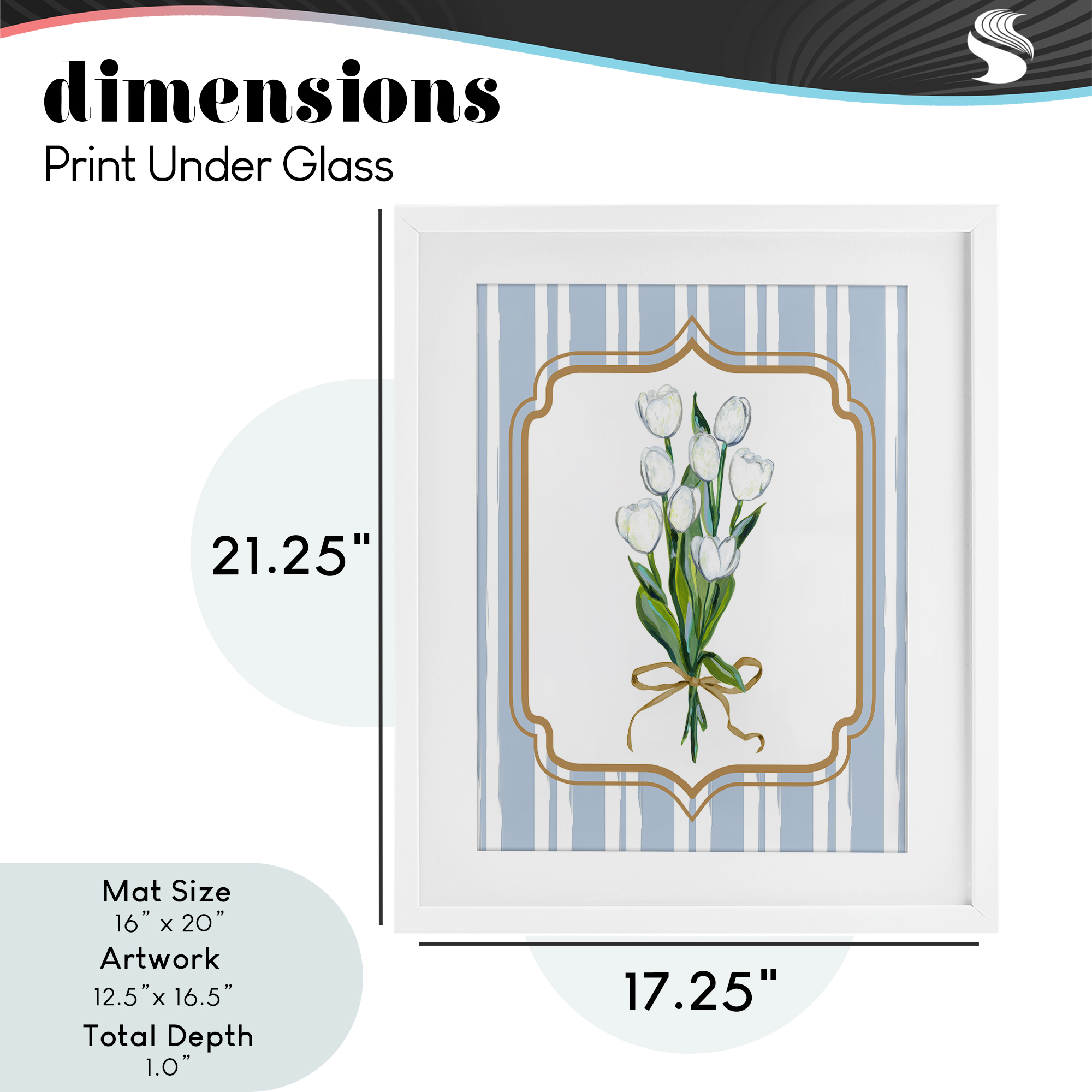 White Tulip Bouquet & Stripes White Framed Print Under Glass, design by Adonna Ebrahimi