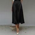 thumbnail image 2 of Morttic Women's Elegant Solid Color Silky Satin A-Line Midi Skirt – High Waist Flowy Swing Skirt with Hidden Side Pockets Black，S, 2 of 5