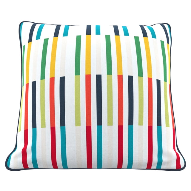 HOMETRENDS 16" x 16" Bright Stripes Outdoor Toss Cushion, Fade Resistant, with vertical multicolored stripes in red, blue, green, yellow, and black on white fabric, navy blue piped edges, made from water-repellent, UV-treated recycled polyester, ideal for outdoor patio and chair cushions and decorative porch accents.