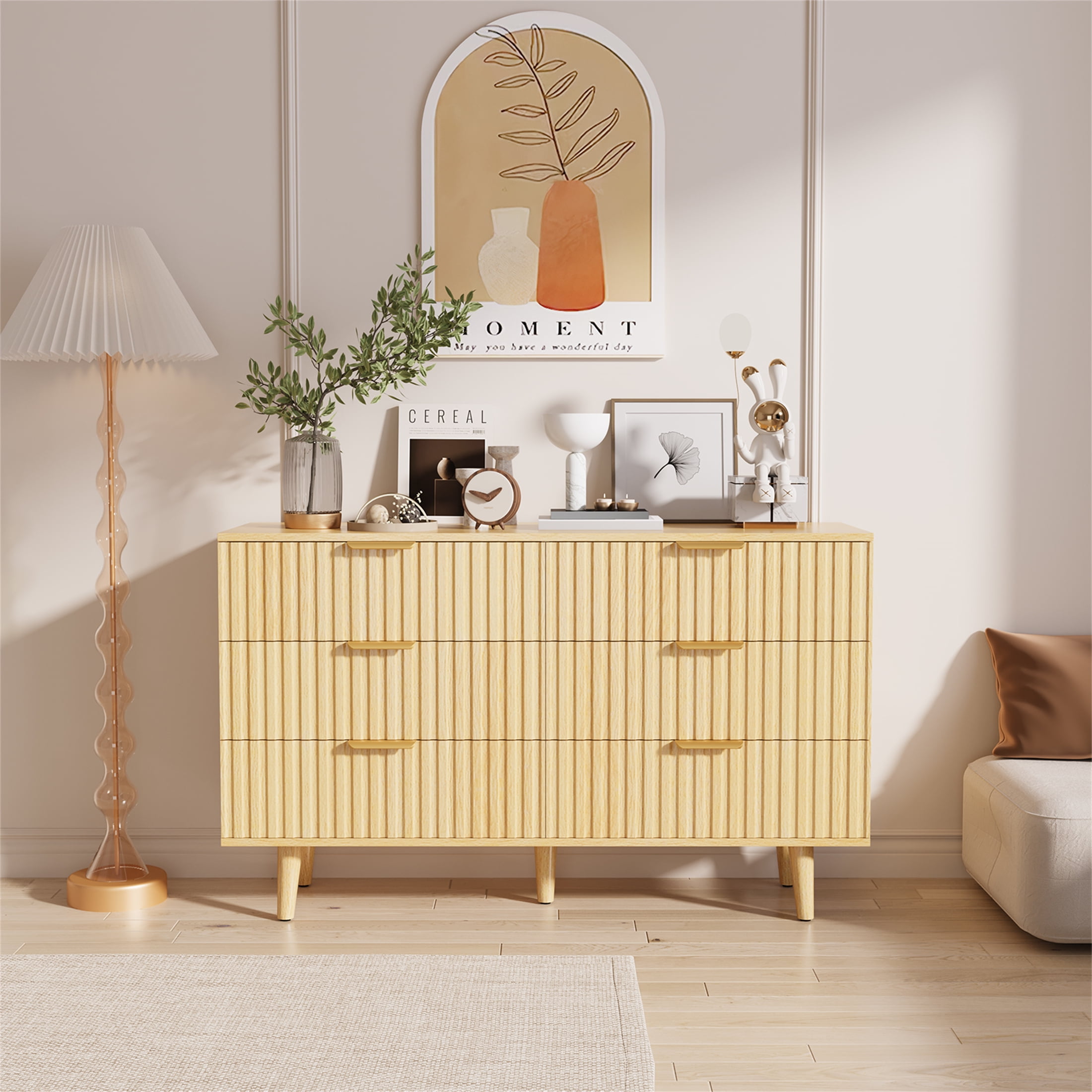 Planntonneo Fluted 6 Drawers Dresser, Wooden Chests of Drawers for Bedroom, Living Room, Entryway, Nature Wood Color