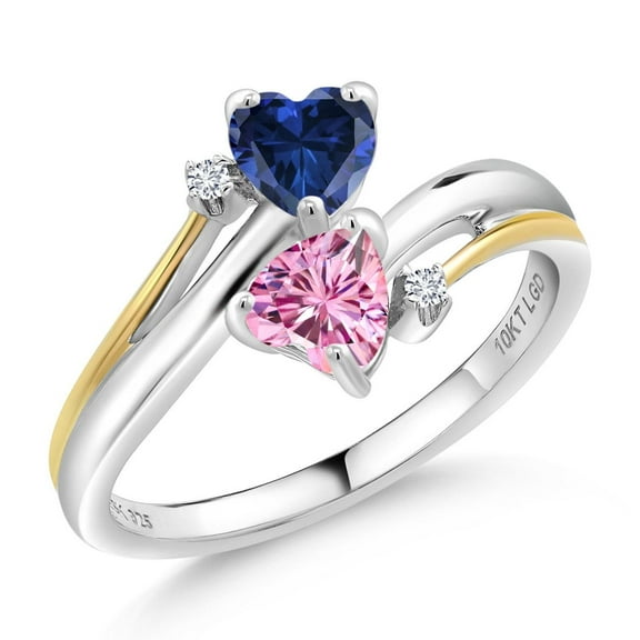 Gem Stone King 925 Silver and 10K Yellow Gold Ring Heart Shape Blue Created Sapphire and Vivid Pink Moissanite (1.02 Cttw, Size 9)