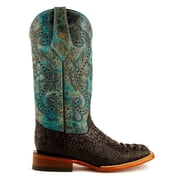 FERRINI Women's Stampede Caiman Print Square Toe Western Boots, Color: Black/Teal, Size: 11-B