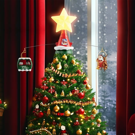 Christmas Tree Topper, Star Motion Rotating Santa's Reindeer Sleigh   Snowmen in Green Cable Car with Merry Xmas Slogans, Illuminated LED Star Christmas Party with Music for Christmas Tree Decor