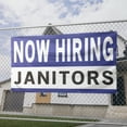 thumbnail image 2 of Now Hiring Janitors 13 oz Heavy Duty Vinyl Banner Janitor Jobs Available Custodian Help Wanted Sign for Business Advertising Indoor/Outdoor Single-Sided with Metal Grommets (4x8 ft, Wh & Bl & Bk), 2 of 6