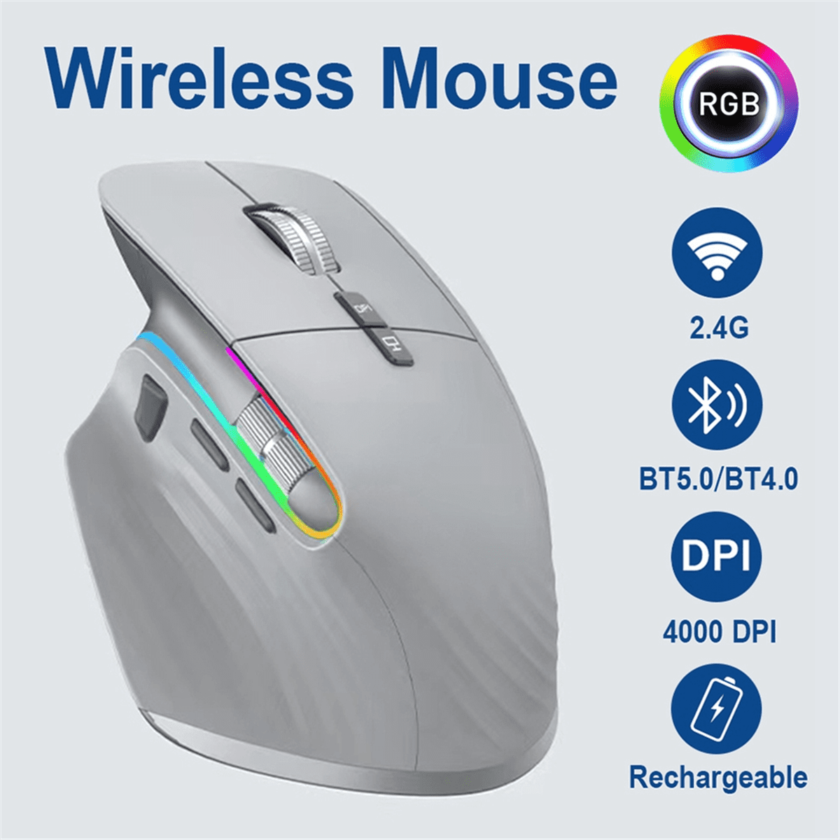 Wireless Mouse Bluetooth 5.0 Mouse 2.4G Wireless Portable Optical Mouse Ergonomic Right Hand Computer Mice Gray Plastic Gray,1x Wireless Mouse