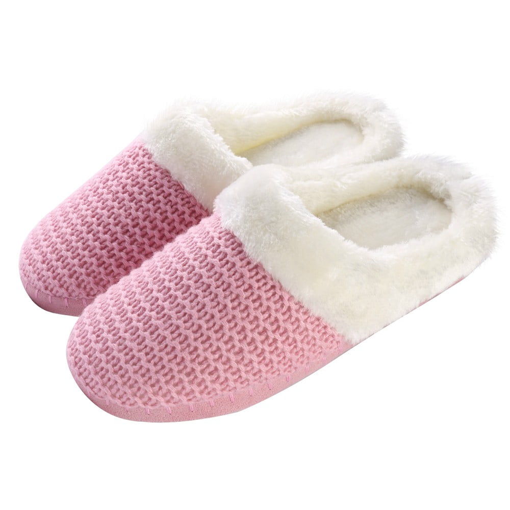 Aerusi Women s Cozy Woven Knit Soft Plush Slippers with No-Slip Rubber Sole For Indoor Outdoor Spa Use (Pink)