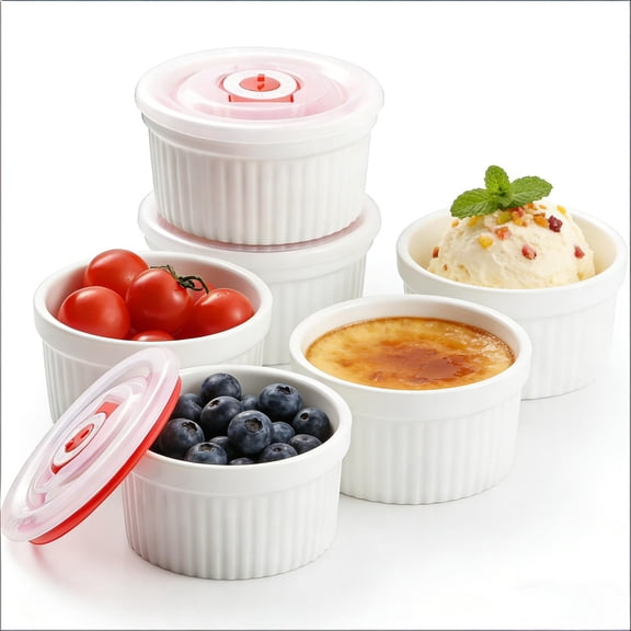 Ramekins with Lids 8 oz White Creme Brulee Ramekins Ceramic Oven Safe Pudding Cups, Set of 6 Porcelain Custard for Baking Dishwasher and Microwave safe