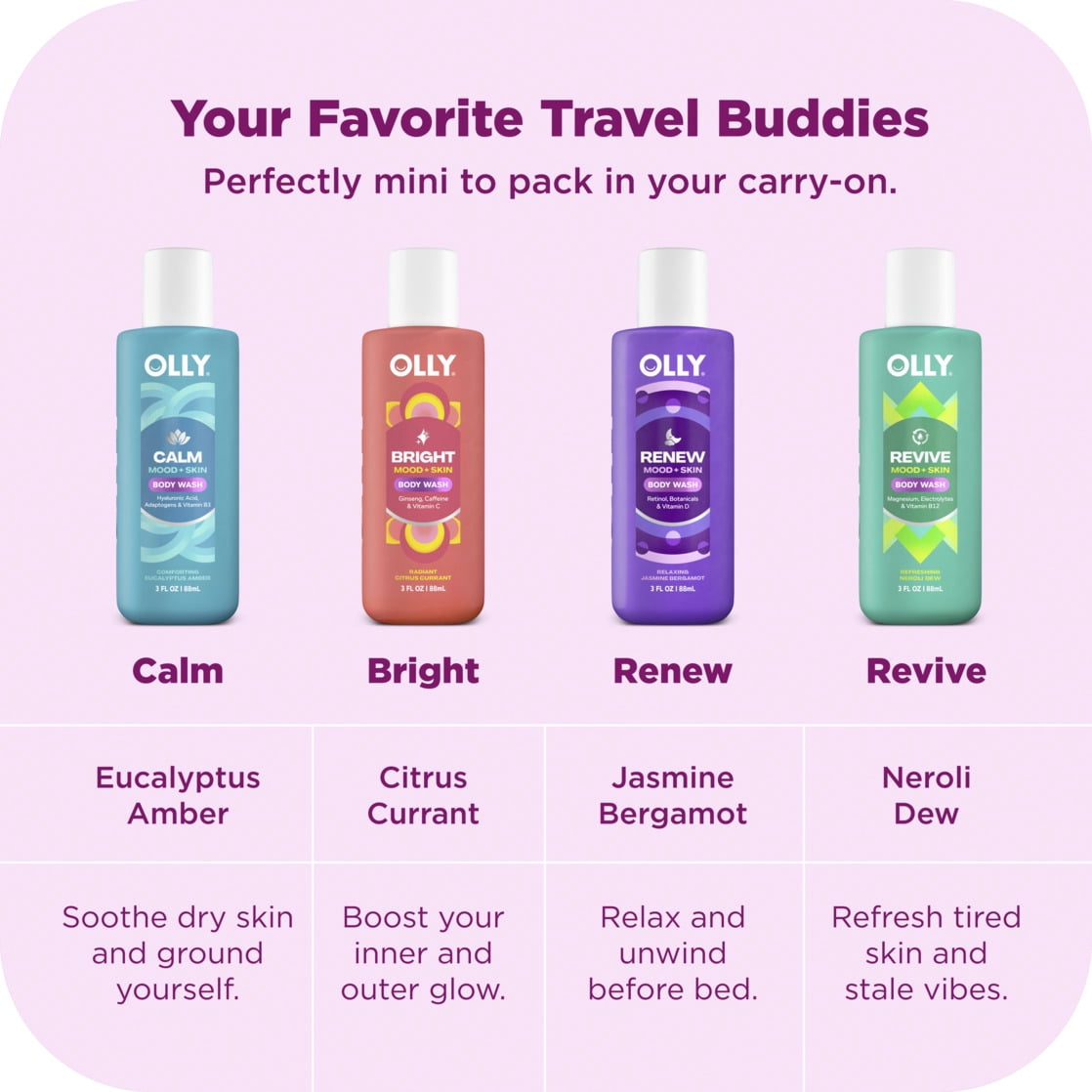 OLLY Limited Edition Variety Pack Body Care Gift Set Mini Body Wash, 4 Count