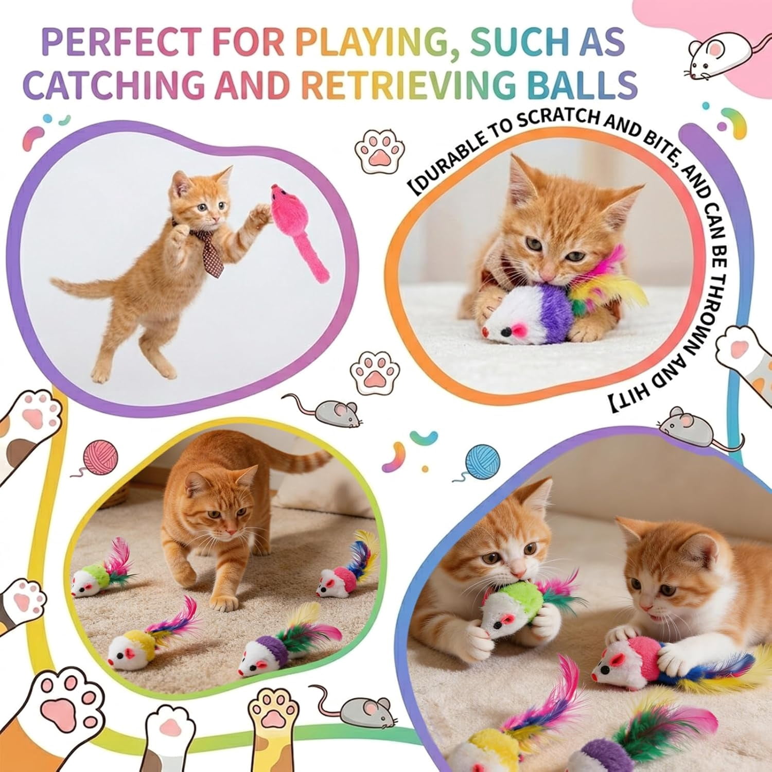 120 Pcs Fur Mice Cat Toys Furry Rattle Mouse Kitten Toy Assorted Interactive Cat Toys with Feather Tails for Indoor Cats Interactive Play Color Varies