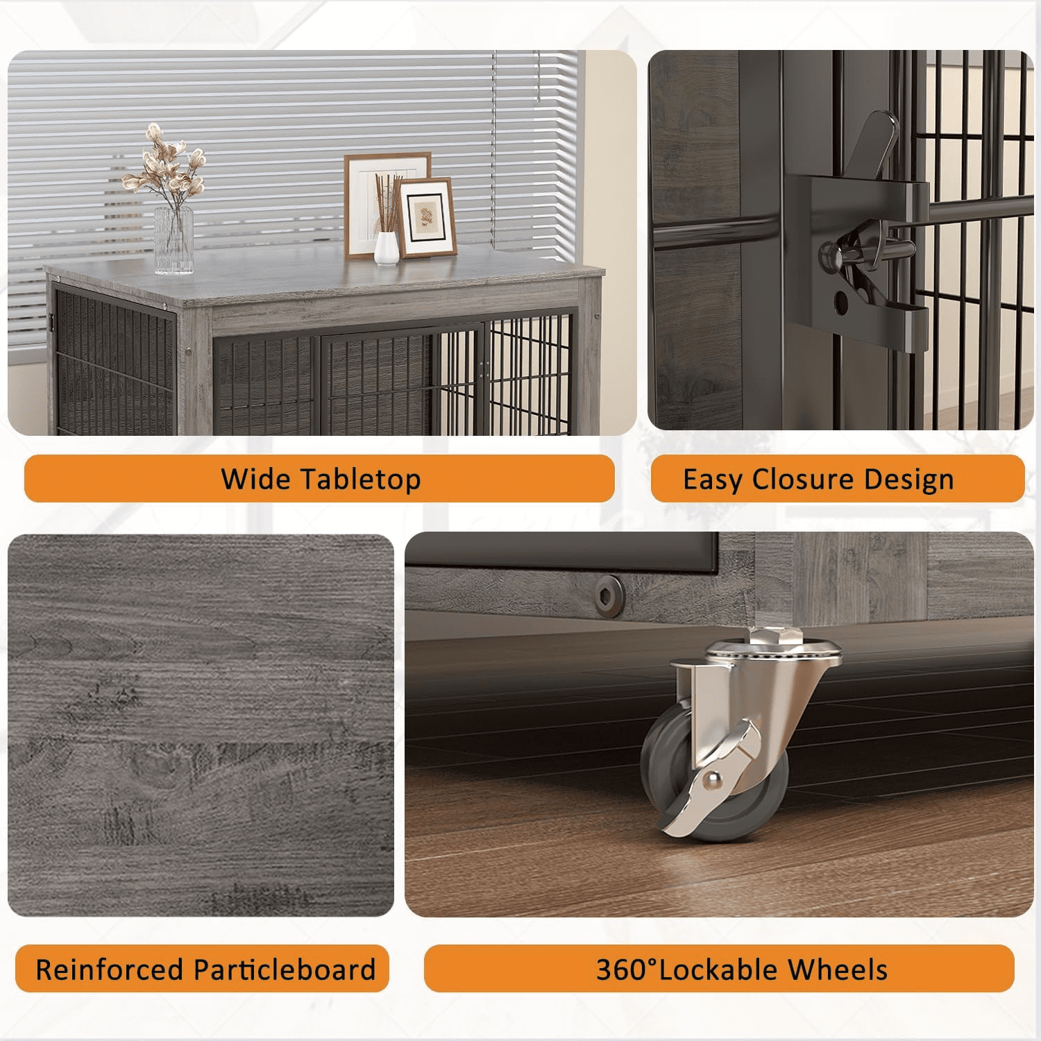 Waleaf Dog Crate Furniture with Cushion, Double Doors Wooden Dog Kennel Indoor with Wheels