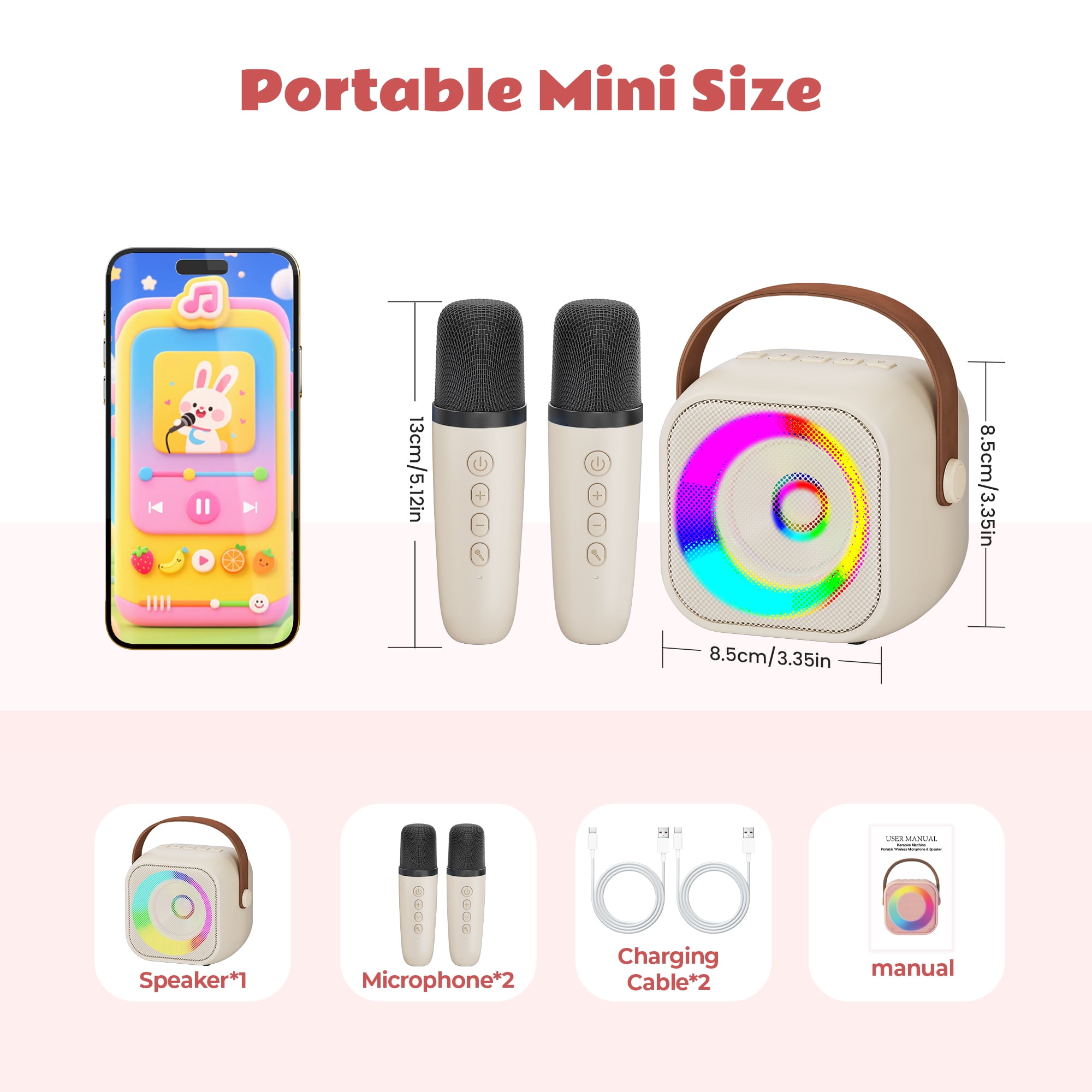 Bonaok Mini Karaoke Machine Toys, Portable Microphones for Kids Adults, Wireless Speaker Machine with LED Lights, Home Party Birthday Gifts for 3-12 Years Old Girls Boys