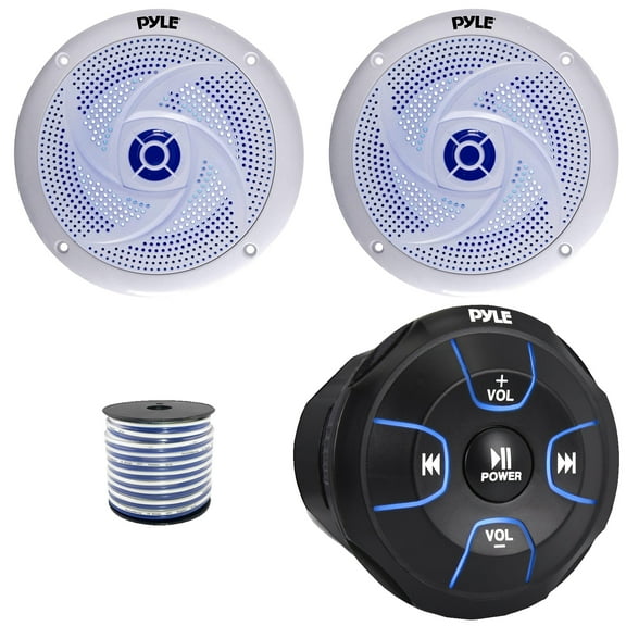 Pyle PLMRBT18 Bluetooth Audio Amplified Marine Waterproof Controller, Pyle PLMRS83WL 8'' 320 Watts Max Power Low Profile 2-Way Blue Flashing LED Boat White Speakers (1 Pair), 50 Feet 18G Speaker Wire