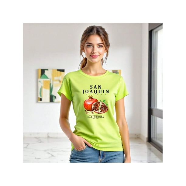 Playera Frutal Granadas San Joaquin Valley – Estilo Fresco con Sabor a Granada Ropa Para Mujer Color Verde Lima Talla Mediana Marca Emil SaEs
