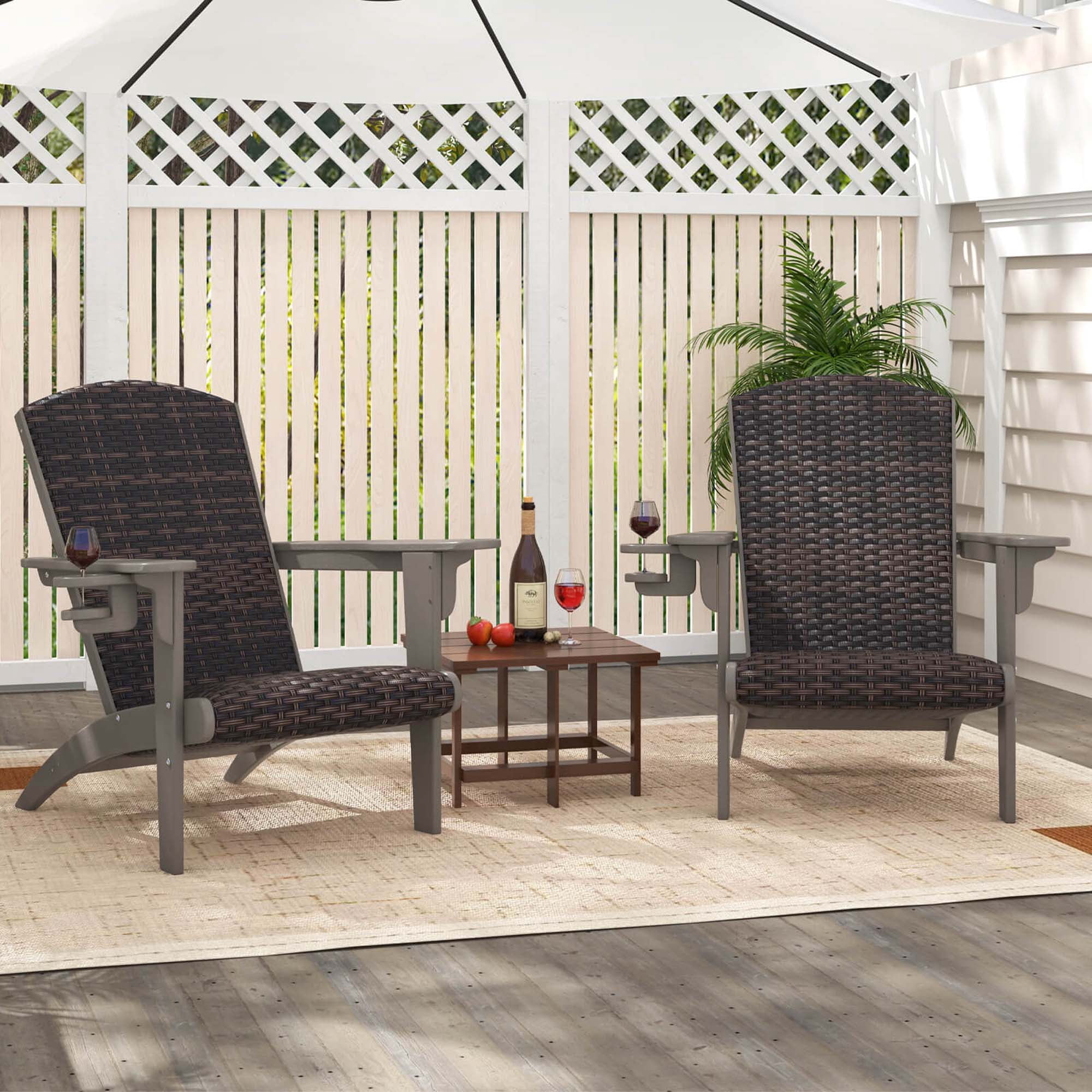 Costway Patio Adirondack Chair with Rattan Padded Seat Wide Armrests & Hidden Cupholder Gray