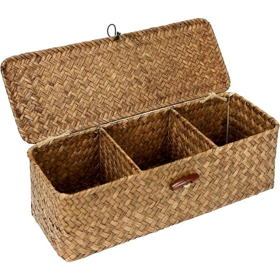 Wicker Storage Bins with Lid Wicker Storage Baskets with 3 compartments for Organizing, Woven Shelf Organizer Bins Home Utility Organizer Box for Cosmetics, Home & Office Supplies (Khaki)
