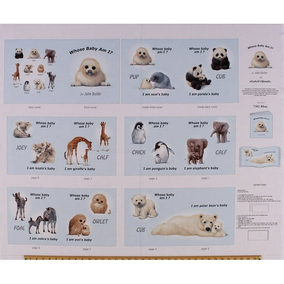 35" X 44" Panel Animal Friends Baby Animals "Whose Baby Am I?" Soft Book Blue Cotton Fabric Panel (7302-Blue)