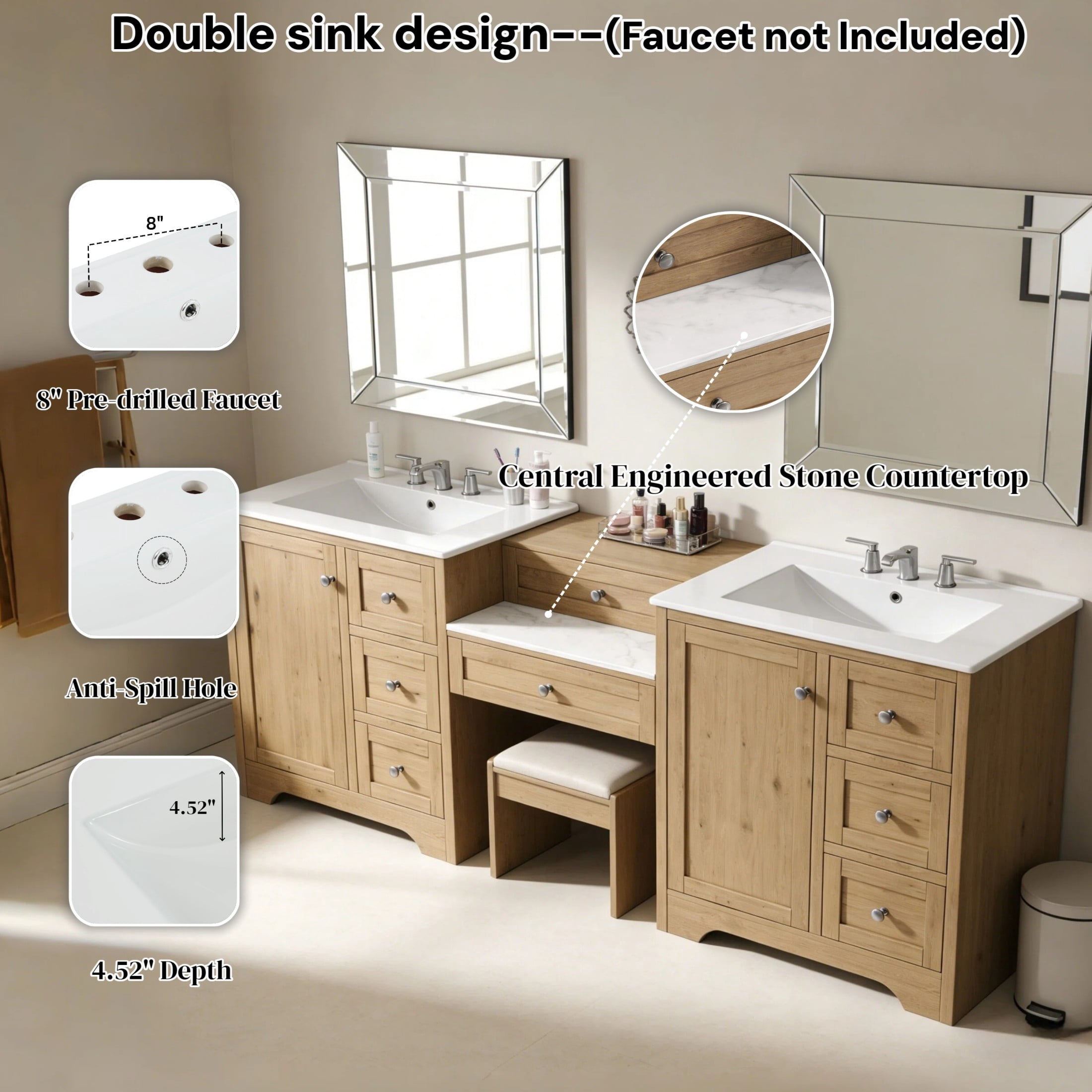 Christopher Knight Home 84" Large Double Sink Bathroom Vanity with Drawers Soft-Close Storage Cabinet, Wood