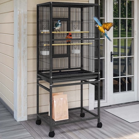 Uforic 53 Inch Sturdy Metal Bird Cage with Dual Covers, Seed Catcher & Secure Safety Lock, Storage Shelf & Slide-Out Cleaning Tray for Small Medium Birds, Black