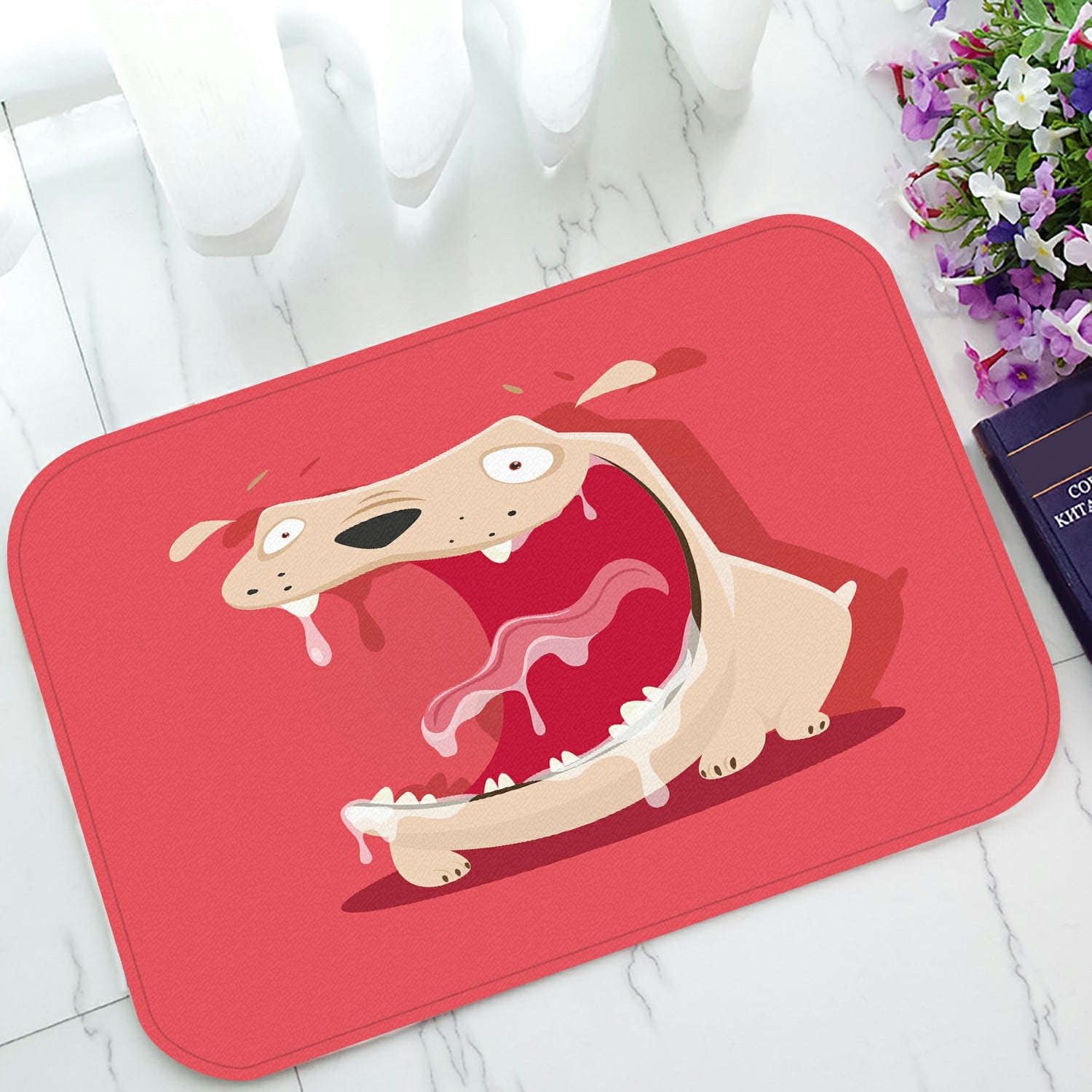 ECZJNT Funny Mad Slobbery Dog Open Mouth Pink Doormat Bath Mat