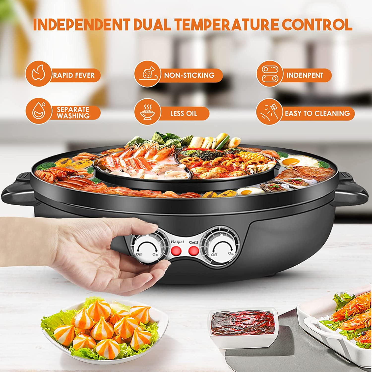  Hot Pot with Grill, 2000W 2 in 1 Electric Hot Pot Grill Cooker  with Dual Temperature Control for 1-8 People, Multi-function Smokeless  Shabu Korean BBQ Grill for Simmer, Boil, Fry
