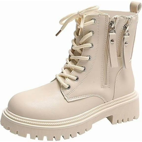 Women's Leather Lace Up Combat Platform Ankle Boots with Double Side Zipper Classic Round Toe Chunky heel Lug Sole Non-Slip Mid Calf Booties