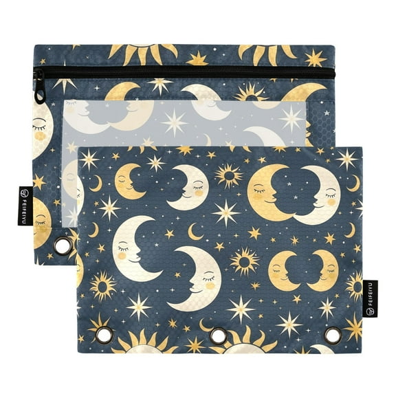 Sleeping Sun and Moon 2 Pack Pencil Pouch for 3 Ring Binder Smooth Zipper Folders with Pockets Clear Window Pencil Case