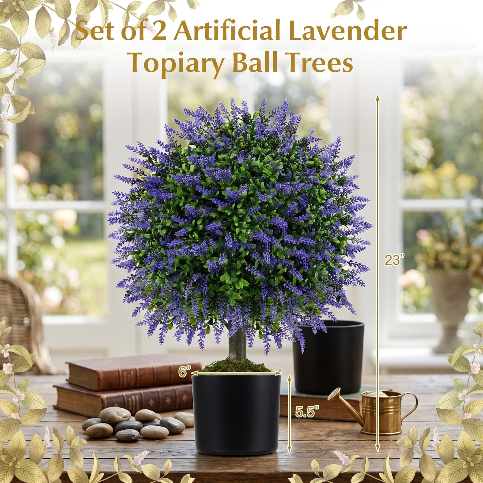 ALPULON 23 Inch Set of 2 Artificial Lavender Topiary Ball Trees with Cement-Filled Pot, Faux Potted Plants for Indoor Outdoor Home Porch Entryway Decor, Purple