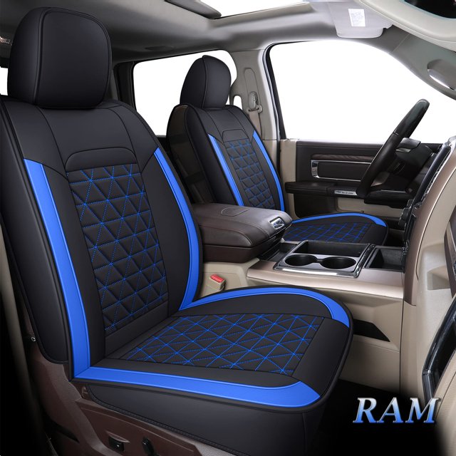 Coverado Ram Juego Completo De Fundas De Asiento De Cuero Para Dodge Ram 1500, Fundas De Asiento De Camión, Ajuste Personalizado Para Dodge Ram 1500 2500 3500 Crew Quad Cab 2002-2025, Color Azul