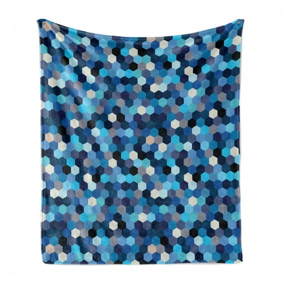 Abstract Soft Flannel Fleece Blanket, Beecomb Like Rectangular Blurry Geometrical Image in Blue Tones and White Artwork, Cozy Plush for Indoor and Outdoor Use, 70" x 90", Multicolor, by Ambesonne