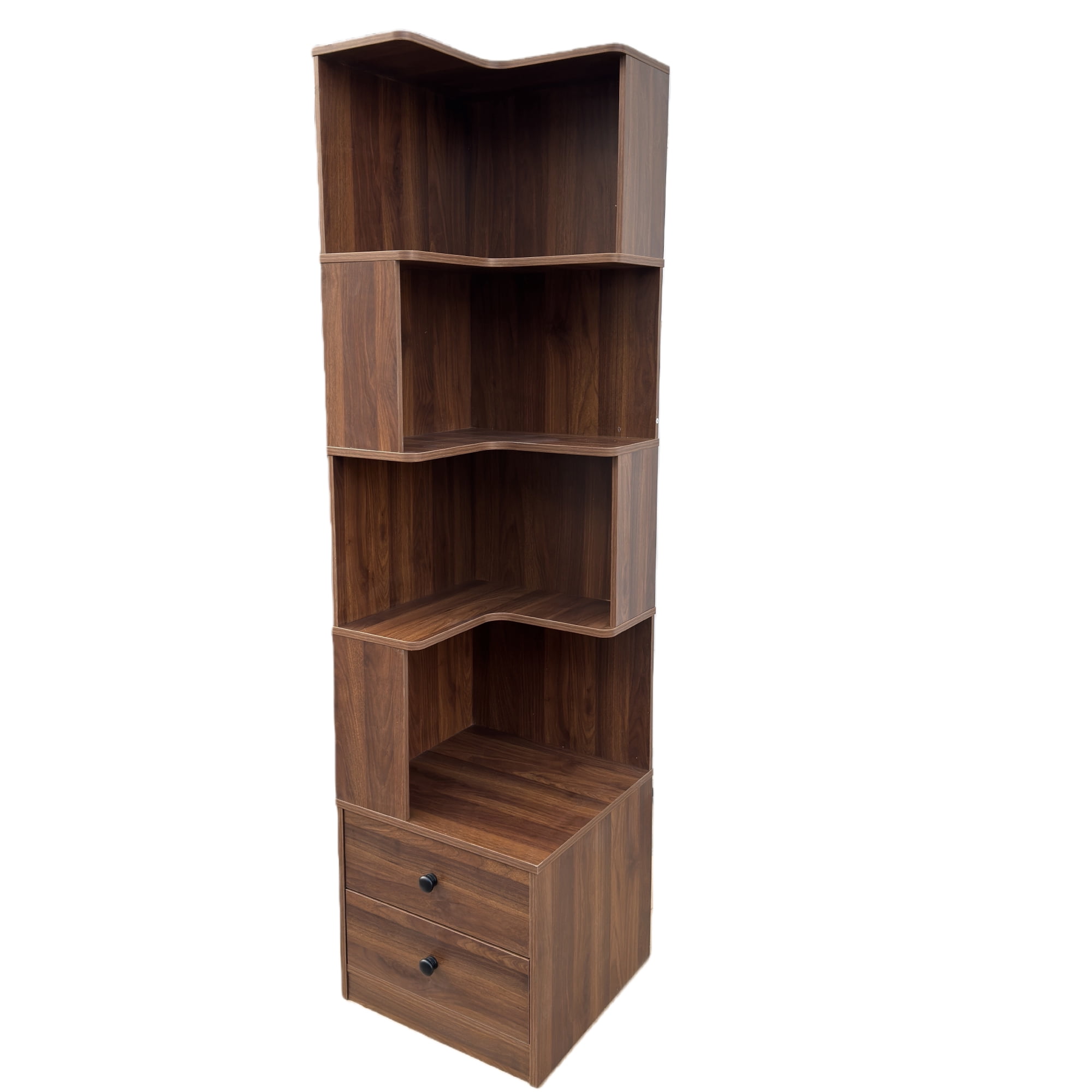 Corner Bookshelf 4-Tier L-Shaped Display Shelf with LED Lights for Home Office, Walnut