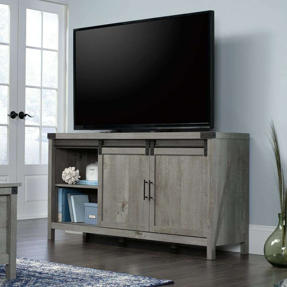 Sauder Saddler Way Sliding Doors TV Stand for TVs up to 65", Mystic Oak